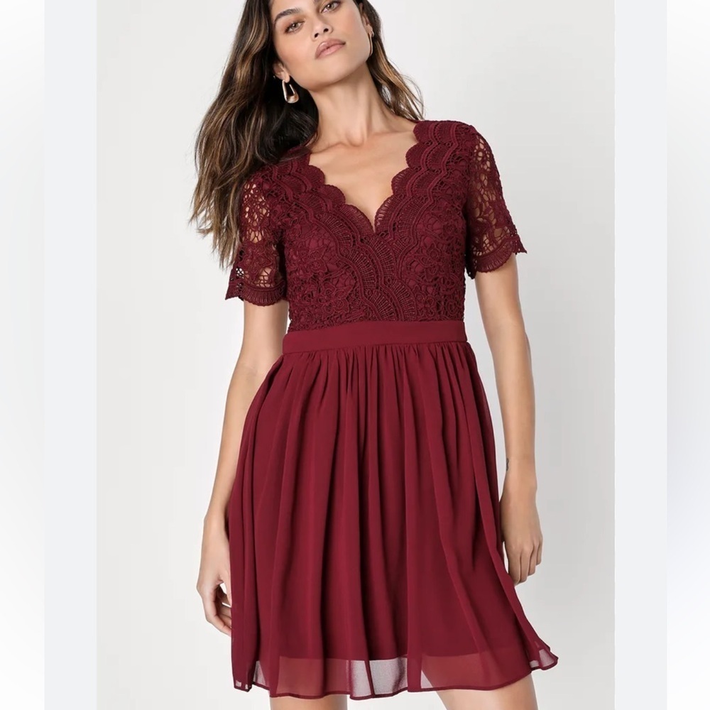 Lulus "Angel in Disguise" burgundy lace skater dress